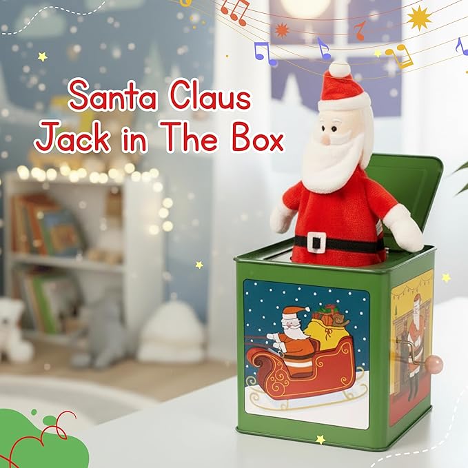 Jack Rabbit Creations Santa Claus Jack in The Box Toy, Plush Santa, Side Crank Plays We Wish You A Merry Christmas, Surprise Pop-Up, Kids Age 3+