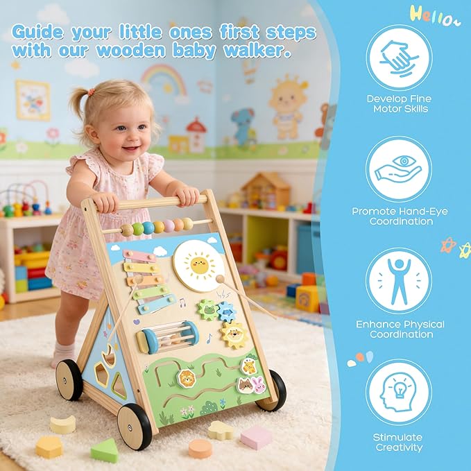 Wooden Baby Walker, Baby Walker with Wheels, Includes Montessori Sensory Toys and Activity Center, 6-18 Months for Boys and Girls