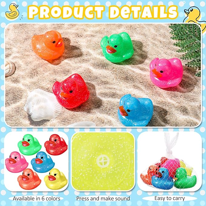 Leitee 24 Pcs Glitter Rubber Duck Assortment Duckies for Kids Colorful Glitter Mini Ducks Neon Color Ducky Bath Toys for Birthday Gifts Baby Shower Decorations Summer Beach Pool Activity Favor 1.6''