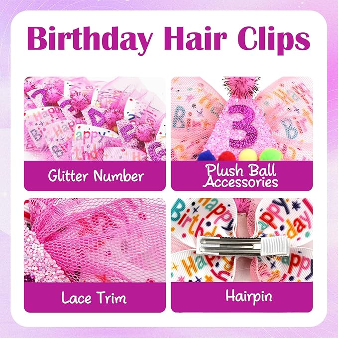 3rd Birthday Hair Bow for Girls, Hot Pink Hair Clip Hair Accessories for Girls 1 2 3 4 5 6 Years Birthday Party Supplies Decorations