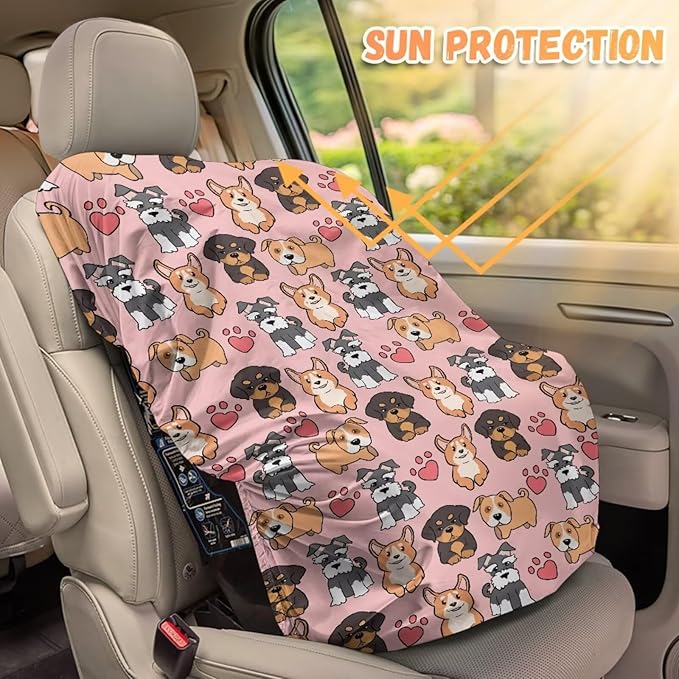 Car Seat Sun Shade Cover Dog Print Car Seat Cover Baby Carseat Covers Universal Baby Travel Accessories Keeps Baby's Carseat at Cooler Temperature, Blocks Out Heat & Sun UV Covers