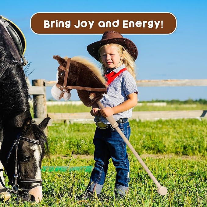 HollyHOME Stick Horse Plush Handcrafted Hobby Horse on a Stick with Wood Wheels Real Pony Neighing and Galloping Sounds for Kids Toddlers Chocolate 36 Inches(AA Batteries Required)