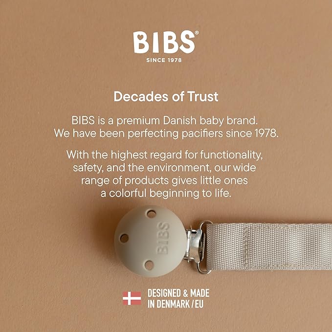 BIBS Pacifier Clip Ribbon - Secure Your Baby's Pacifier with Durable Polyester Webbing and Nickel-Free Metal Clip - Compatible with All BIBS Pacifiers - Sand