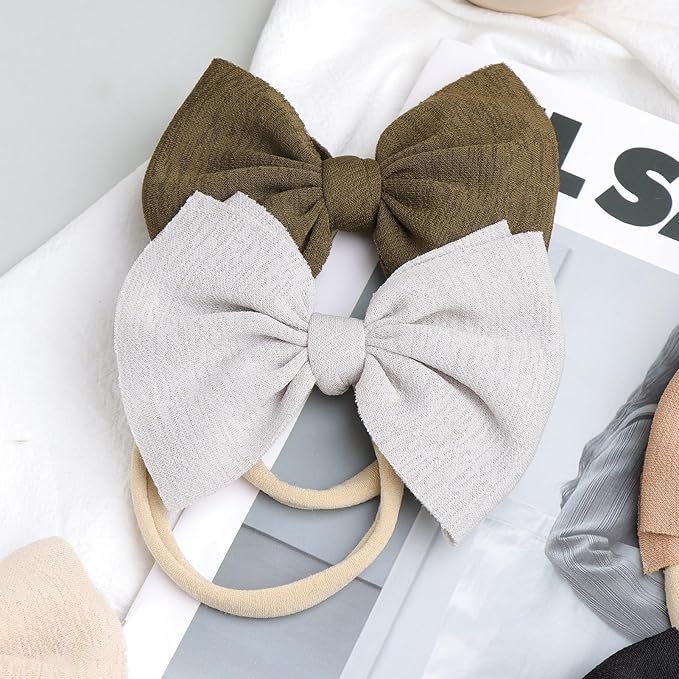 Big Bows Hairbands, 8 PCS Handmade Baby Girl Headbands with Bows, Stretchy Nylon Newborn Toddler Hairbands, Tan