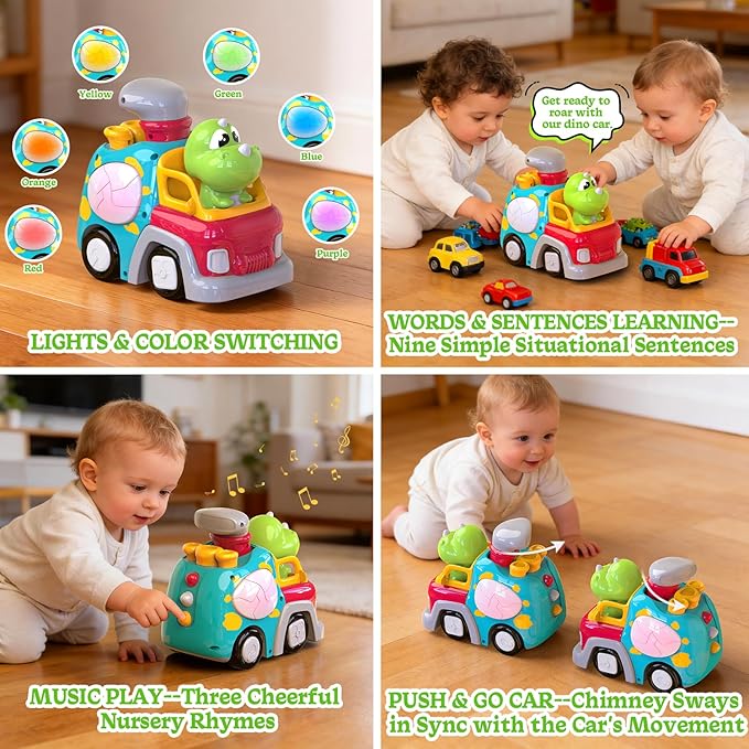 P&C Dinosaur Truck Toys for 1 2 3 Year Old Boys Girls, 18-36 Months Baby Toy with Music & Lights, Montessori Learning Toy for Crawling Walking, Educational Push Car for Toddlers, Birthday Gift