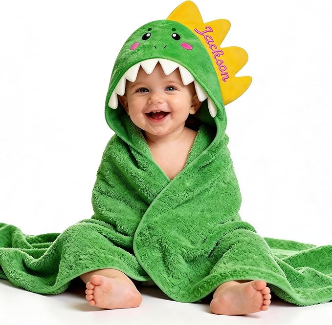 Custom Hooded Baby Towels with Name, Personalized Bunny Easter Gifts for Toddlers, Custom Baby Bath Towels for Newborn, Ultra Soft and Absorbent, Ideal for Girl Boy (Dinosaur)