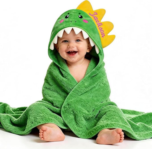 Custom Hooded Baby Towels with Name, Personalized Bunny Easter Gifts for Toddlers, Custom Baby Bath Towels for Newborn, Ultra Soft and Absorbent, Ideal for Girl Boy (Dinosaur)