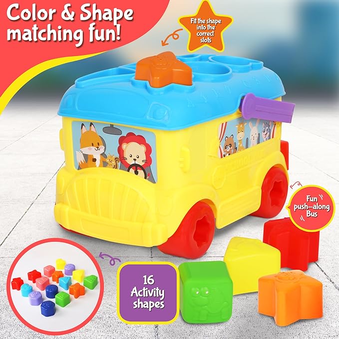 Bus Shape Sorter Toy - Kids Block Sorter with 16 Colorful Shapes - Sorting Toys for Toddlers 1-3 - Creative Play Learning Skills Development