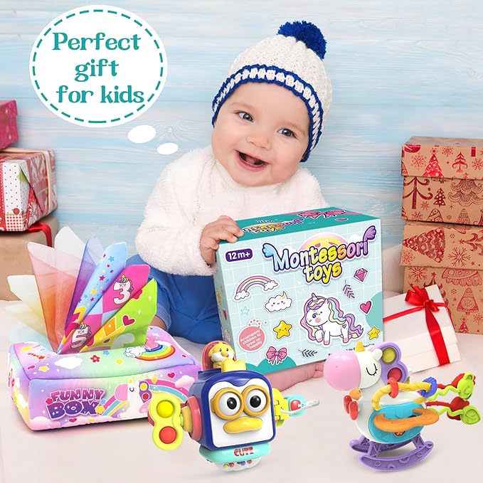 Babies Toys for 12 Months,Sensory Toys for Toddlers 1-3, 3 in 1 Activities Busy Cube,Pull String Teether and Baby Tissue Box Toy,Infant Toddlers Toy Gifts for 1 2 3 Year Old Boys Girls