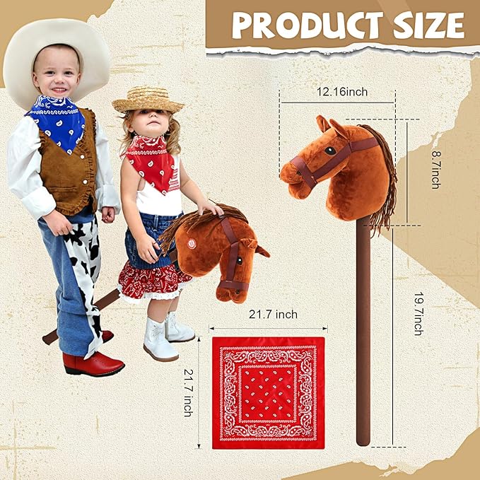 Poen 4 Pack Light Brown Horse Stick with Sound Red and Blue Bandana Set 27.6'' Toys Stick Horse Western Cowboy Bandana with Neighing Sound for Boys Girls Fun Pretend Games(Dark Brown)
