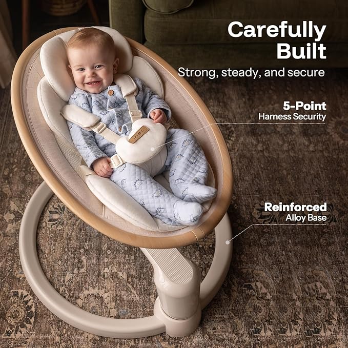 HARPPA Weddell Signature Electric Baby Swings for Infants and Newborns, Eye-Level Baby Swing 5 Speeds and Remote Control 10 Built-in Melodies, 2 Seat Positions & 180° Rotation for Indoor Use,Warm Sand