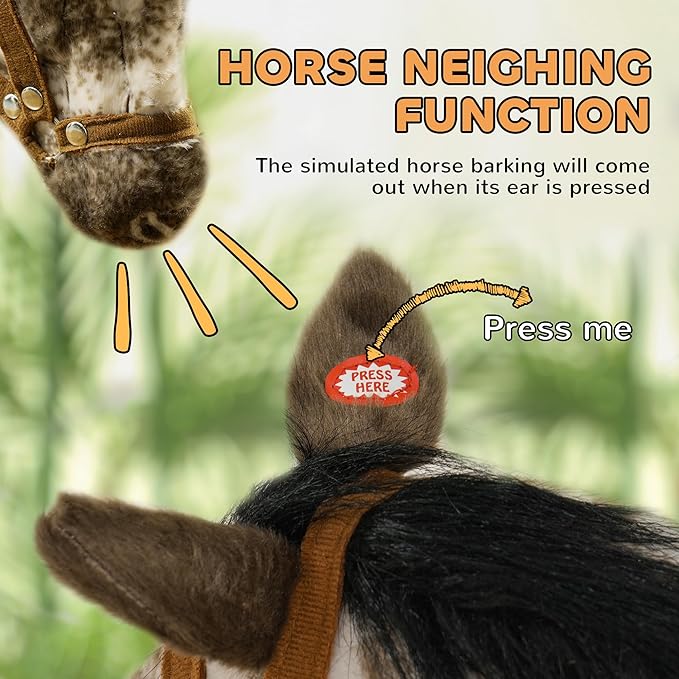 Qaba Ride on Horse, Riding Horse with Neighing Sound, Saddle, Ride on Animal for Kids Boys Girls 3-8 Years Old, Brown