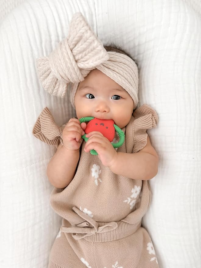 Itzy Ritzy Strawberry-Shaped Baby Teether with Handles – Silicone Teether for Babies with Easy-Grab Handles and Textured, Teethable Surfaces – Baby Teething Toy for 3 Months & Up (Strawberry)