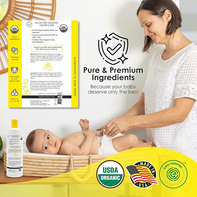 La Petite Creme French Premium Diapering Lotion (20 oz) & Organic Diaper Balm (4 oz) - Healing and Nourishing Diaper Cream, Gentle & Safe Liniment Baby Lotion - USDA & EWG Certified - Baby Essentials