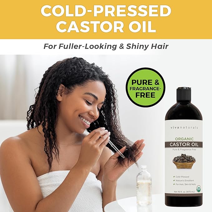 Viva Naturals Organic Castor Oil,Cold-Pressed,16 fl oz – For Face,Hair,Eyelashes,USDA Organic,Non-GMO - With Beauty Kit,(Pack of 2)