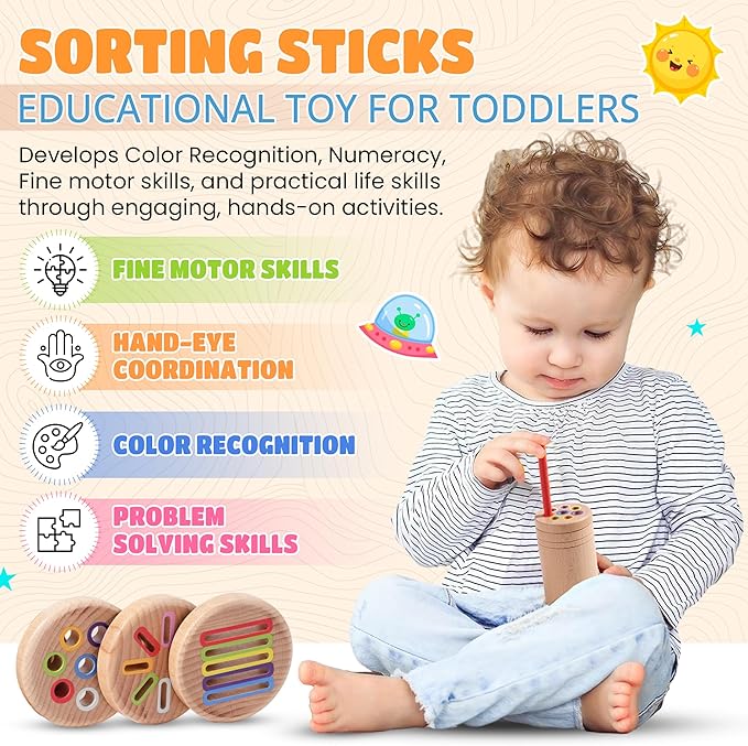 YAANI Montessori Toys for 1-3 Year Old: Wooden Sorting Sticks Toys for Toddlers Age 1 2 3, Fine Motor Developmental Infants Sensory Matching Games, Busy Board 18 Month Old Baby Boys Girls Gifts