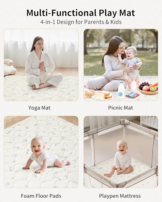 Fortella Extra Thick Baby Play Mat for 50" Playpen, 47"x47" Snug Fit Playpen Mat, Machine Washable Foam Play Mat for Floor - Portable, Non-Slip Tummy Time & Crawling Mat for Babies Toddlers (Ocean Ivory)