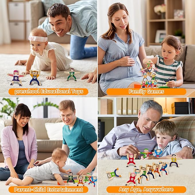 HELLO PAPAYA Wooden Stacking Toys 16Pcs Balancing Building Blocks Game,Circus Hercules Acrobatic Troupe Interlock Toy,for 3 4 5 6 Years Old Kids Adults Toddler Puzzle Toys