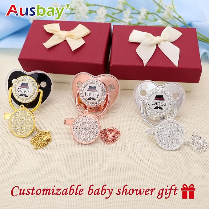 Personalized Pacifier with Name, Bling Gold Pacifier Clip Set Storage Box, Customized Glitter Crystal Luxurious Soother Ideal Gift for Boys Baby Shower Photography Newborn (Silvery) (Golden)