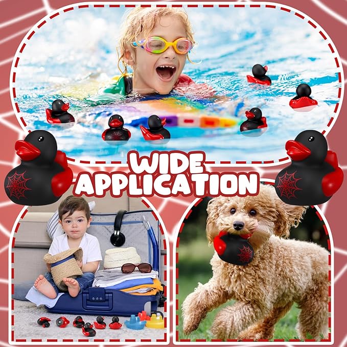 Leyndo 24 Pcs Spiderweb Rubber Duck Bulk Spiderweb Birthday Party Decoration Favors Squeaky Red Black Rubber Duck for Bathtub Floating Pool Gifts Party Supplies