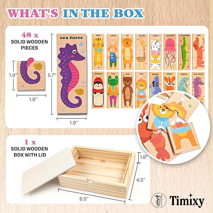 Montessori Wooden Puzzle for Toddlers, Wood Puzzle for Kids Ages 3-5, Animal Matching Game, Preschool Learning Toy, Educational Activity for 3 Year Old Boy Girl Birthday Gift, 48pc with Storage Box