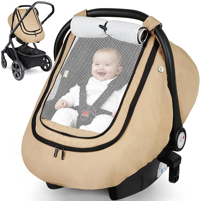Rquite Car Seat Cover Baby, Winter Carseat Covers Boy Girl, Waterproof Infant Car Seat Cover Warm Car Seat Canopy for Cold Weather, Windproof Baby Carrier/Stroller Cover with 2 Layers Windows, Khak