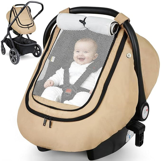 Rquite Car Seat Cover Baby, Winter Carseat Covers Boy Girl, Waterproof Infant Car Seat Cover Warm Car Seat Canopy for Cold Weather, Windproof Baby Carrier/Stroller Cover with 2 Layers Windows, Khak