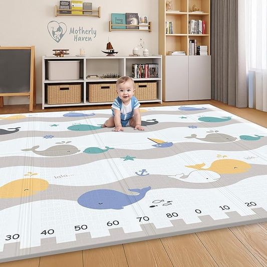 Motherly Haven 79x71 Foldable Baby Play Mat for Floor, Extra Large Reversible Foam Play Mat for Babies 6-12 Months, Waterproof Portable Foam PlayMat for Tummy Time for Toddler - Whales
