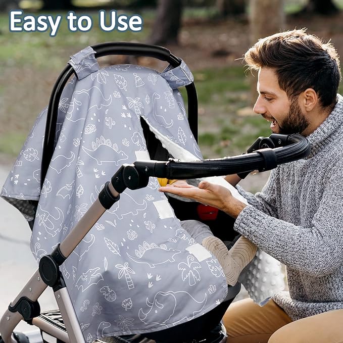 Car Seat Covers for Babies, Peekaboo Opening Infant Car Seat Canopy for Baby Boys Girls, 2 in 1 Mom Nursing Breastfeeding Covers, Minky Warm Carseat Canopy for Newborn, Dinosaur