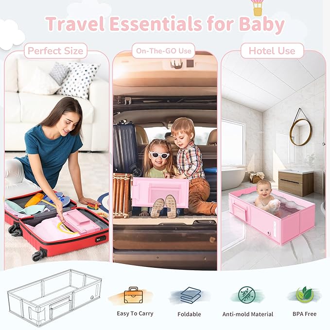 Foldable Baby Bathtub, Converts Shower to Tub, 2-in-1 Portable Toddler Tub with Rinse Cup, No Assembly Easy to Clean, Space-Saving Collapsible Baby Bath Tub for Small Bathroom, Travel & Camping, 6M-5Y