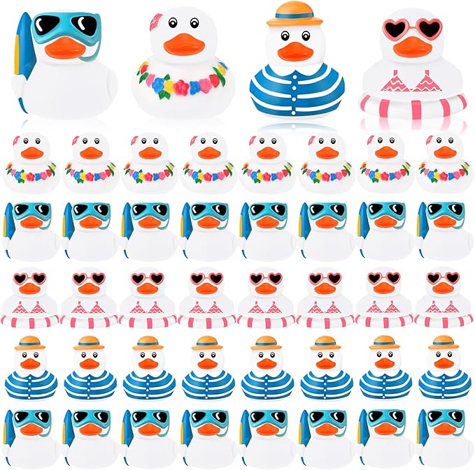Honoson 36 Pcs Summer Beach Rubber Duckies Bulk Mini Rubber Duck Bath Toys Float Bathtub Ducky Cute Squeaky Ducky for Classroom Carnival Summer Birthday Baby Shower Party Favor (White)