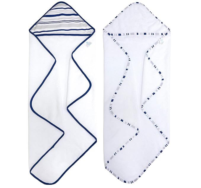 2 pack Baby Hooded Towel Set - Blue Trim