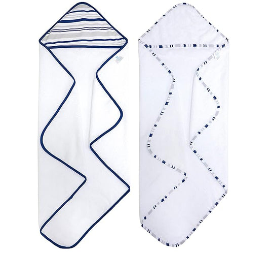2 pack Baby Hooded Towel Set - Blue Trim