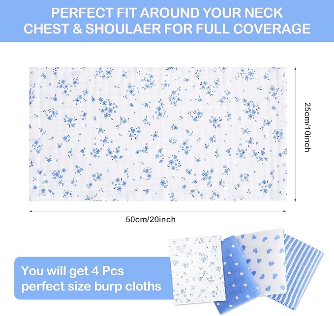 lasoftan Baby Muslin Burp Cloths, 100% Cotton Burping Cloths Super Absorbent Soft, Bath Towel Burp Cloths for Baby Girl Boy, Great Gift for Newborn, 10 x 20 inch, 4 Pack (Heart & Flowers)