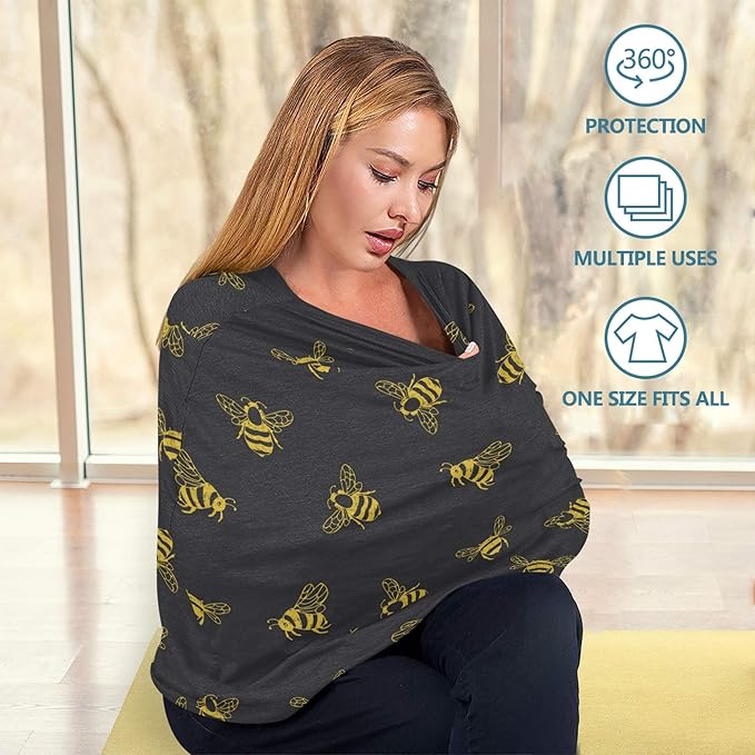 Cartoon Bee Insect Doodle Pattern Stretchy Baby Car Seat Cover Infant Canopy Nursing Covers Breastfeeding Cover Breathable Windproof Winter Scarf for Boys Girls