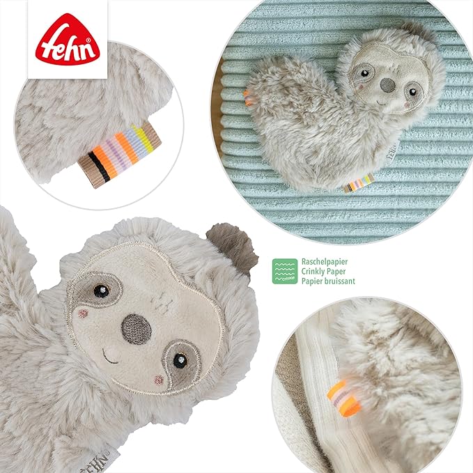Fehn Crackling Sloth - Activity container for gripping, listening, playing and making sounds - Promotes baby's senses and motor skills - Ideal companion for babies and toddlers from onwards