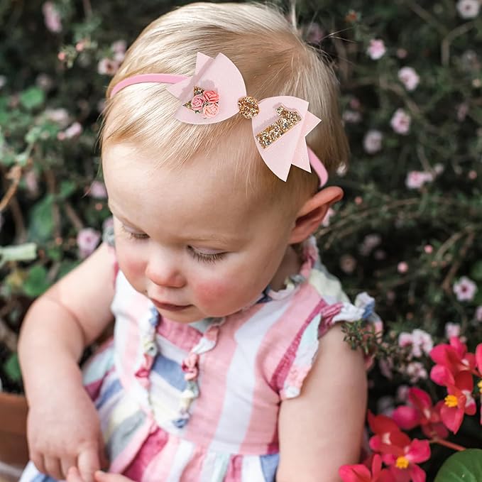 Birthday Girl bow for Baby Girls - 1st Birthday Pink Bow Headdress,Gold Glitter Birthday Bow Headband Flowers,Photo Props