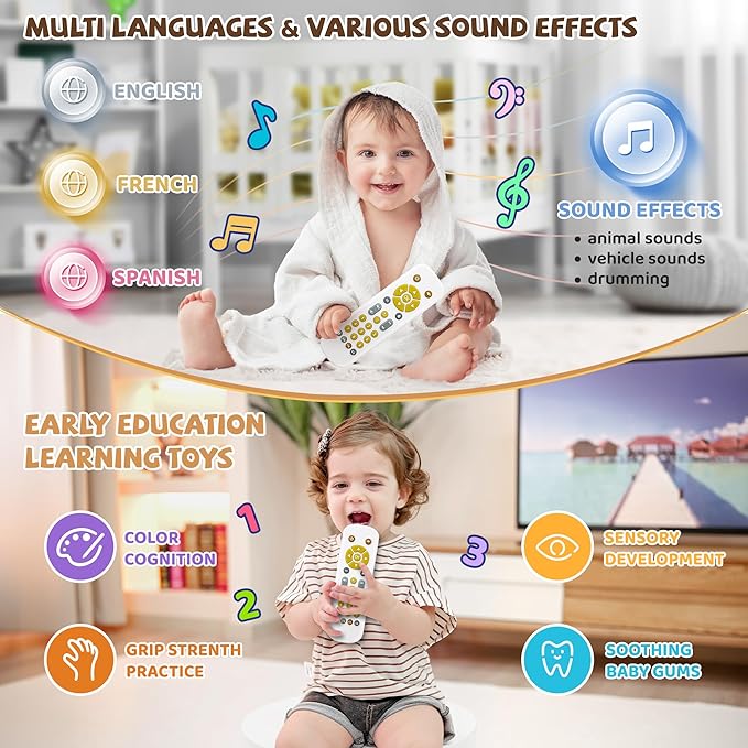 Baby TV Remote Toy - Realistic Play Remote toy with Lights and Sounds, 3 Languages (English, Spanish & French), Learning Musical Toys, Preschool Infant Boys Girls Toys Gift for 1 2 Year Old, Black