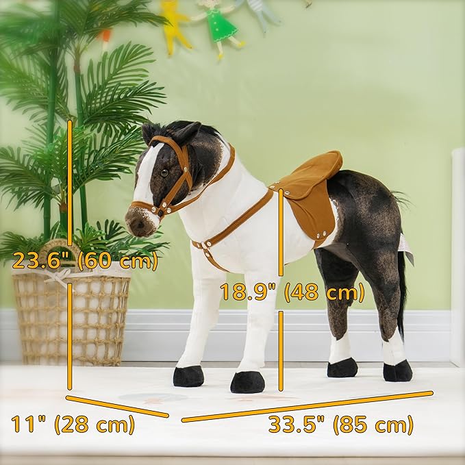 Qaba Ride on Horse for Toddlers 3-8 Years Old, Riding Horse with Neighing Sound, Stuffed Animal Horse Toy for Kids with Padding, Brown