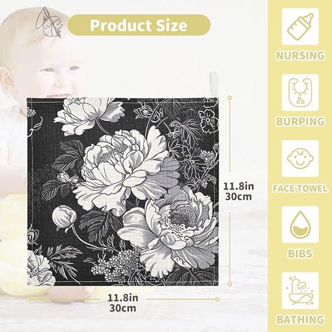 White Flowers Black Baby Washcloths - 3 Pack Muslin Cotton Face Towels for Baby Newborn Girls and Boys - Soft and Absorbent - 11.8 Inch