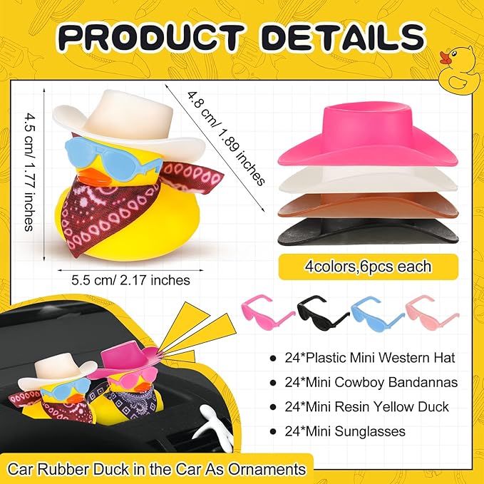 Hanaive 24 Sets Cowboy Rubber Duck Light up Mini Holographic Space Disco Hat Scarf Sunglasses Graduation Light up Bath Toys Bathtub Accessories Baby Shower Birthday Supplies(Cute Style)