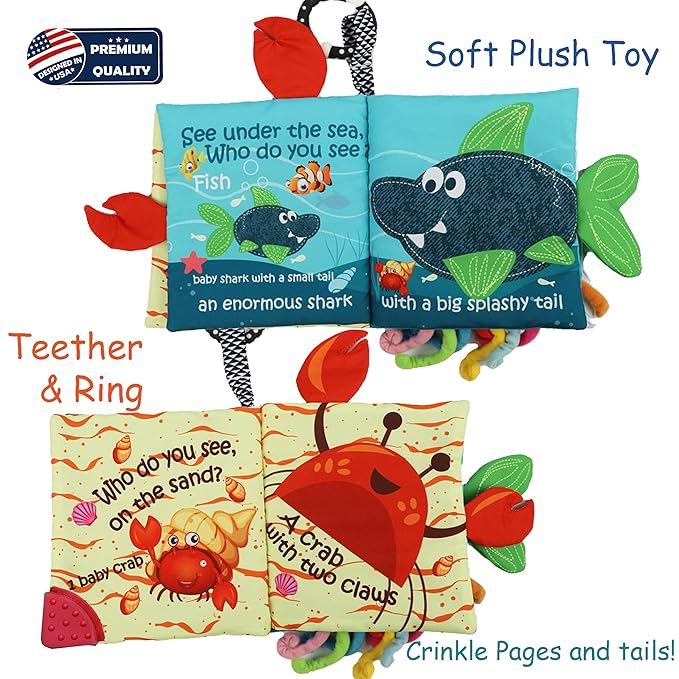 Fish Baby Books, Crinkle Books for Babies,Touch Feel,Infant Baby Toys 0-3 0-6 6-12 Months, Sensory Mirror Toys,Soft Teether,Teething,Shower Baby Easter Basket Stuffers,Baby Gifts for Boys Girls-Blue