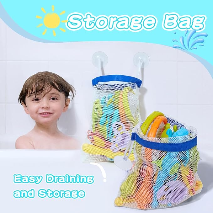 Toddler Bath Toys for Kids Ages 1-3, 26PCS Mold Free Bathtub Pool Water Table Toys with Pole Rod Net Outdoor Plastic Floating Fish and Mesh Bag, Birthday Gifts for Kids Age 3 4 5 6 7 8 Year Old