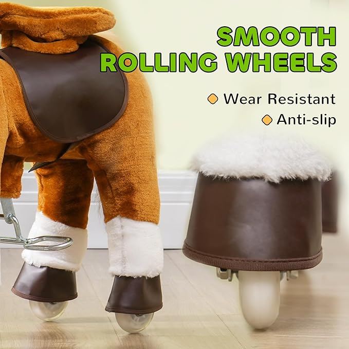 Qaba Ride on Horse, Walking Horse Toy, Kids Plush Riding Horse, Pony with Wheels & Neighing Sound for 3-5 Years Old up to 132 Pounds, Brown