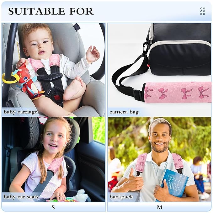 Seat Belt Covers 2 Pack Pink Bow Ribbon Car Seat Strap Covers Super Soft Cute Coquette Car Seat Neck Cover for Boys Girls Adults Babies S
