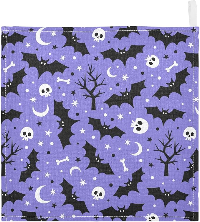 Newborn Face Towel Halloween Bats Skull Soft Cotton Baby Washcloths 11.8 x 11.8 Inch Infants Girls Boys Muslin Burp Cloths 5 Pack