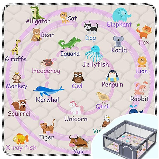 Baby Play Mat，Thick Soft 47" X 47" Playpen mat, Non-Slip and Machine Washable Baby Play Mats for Floor，Crawling Mat for Babies, Toddlers & Infants to Play and Learn (Pink Animal)