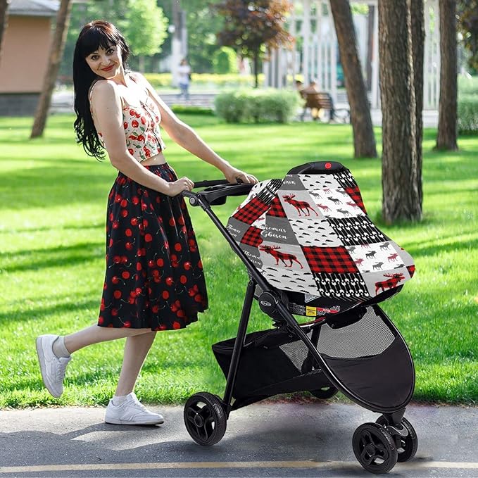 Personalized Baby Car Seat Cover for Boys Girls, Custom Nursing Covers for Breastfeeding with Name, Infant Stroller Cover, Baby Carseat Canopy for Newborn, Multiuse Car Seat Canopies, Red Plaid Deer
