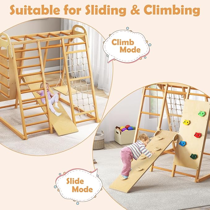 INFANS Indoor Jungle Gym, 8 in 1 Kids Montessori Indoor Playground Climbing Playset for Toddlers with Slide Swing Net Monkey Bars Rope Ladder, Wood Climber Toys for Boys Girls