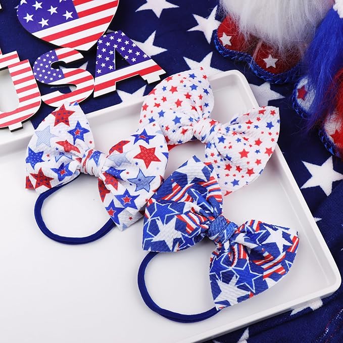 YanJie Fourth of July Patriotic Hair Accessories: Star Spangled Newborn Headbands, Nylon Bows for Infant Toddler Girls in Red, White & Blue